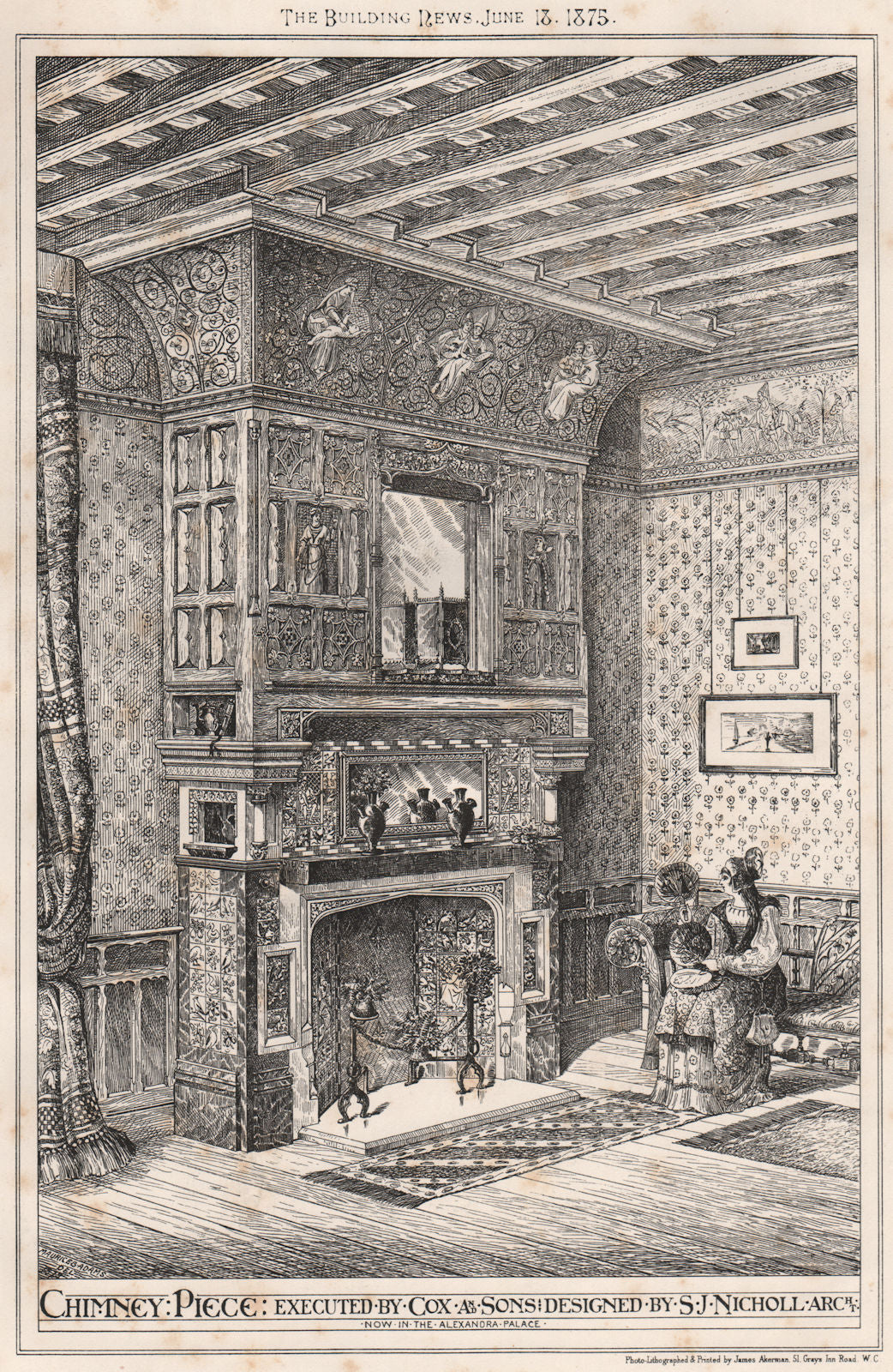 Chimneypiece executed by Cox & Sons; designed by S.J. Nicholl, Architect 1875